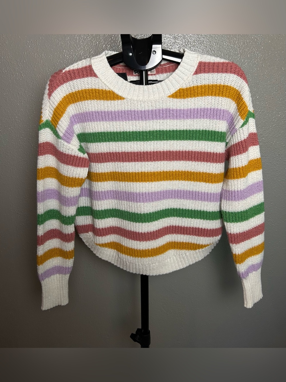SO White Crewneck Sweater with Pink, Mustard, Green & Lavender Stripes